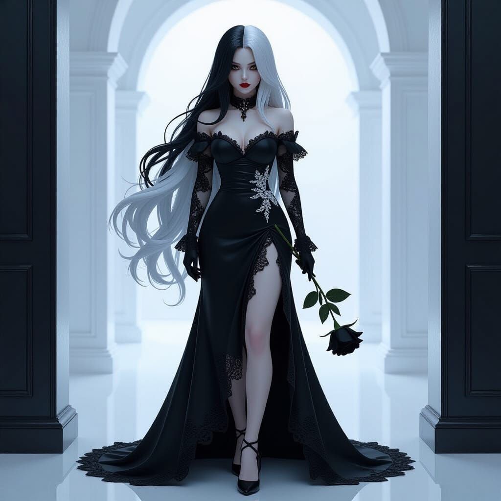 Gothic Anime Woman with Black and White Hair Holding Rose