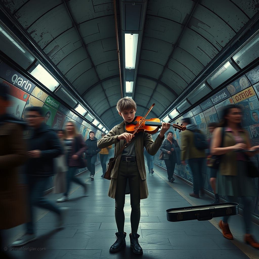 "A young violinist performing in a subway tunnel, violin case open for donations, passersby rush past while a few stop t...