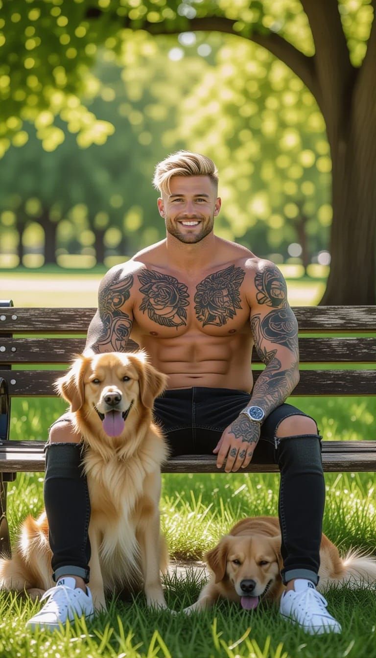 Man Relaxing with Golden Retriever in Sunlit Park