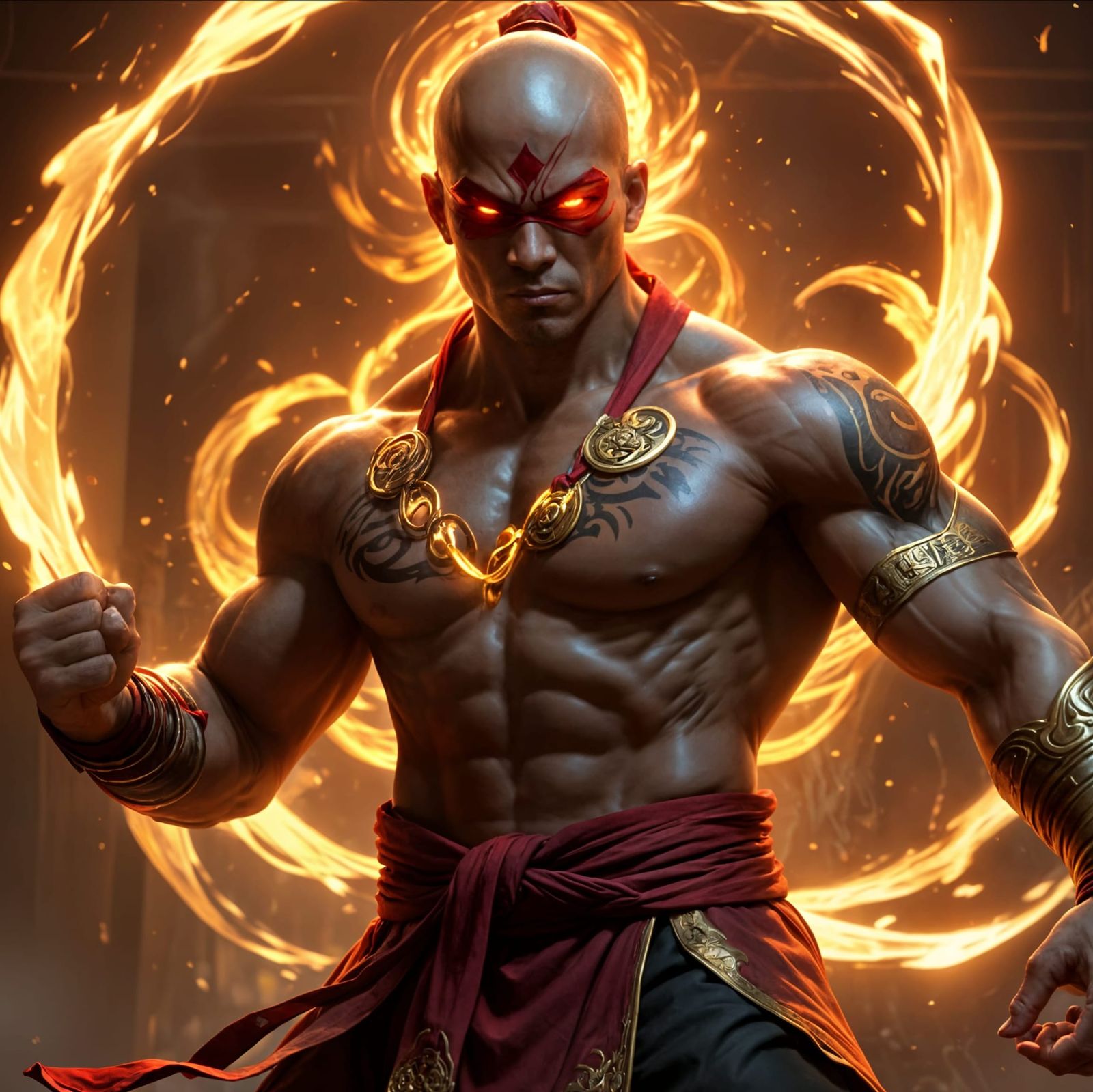 Lee Sin, a Powerful Monk with Glowing Tattoos in Vibrant Dig...