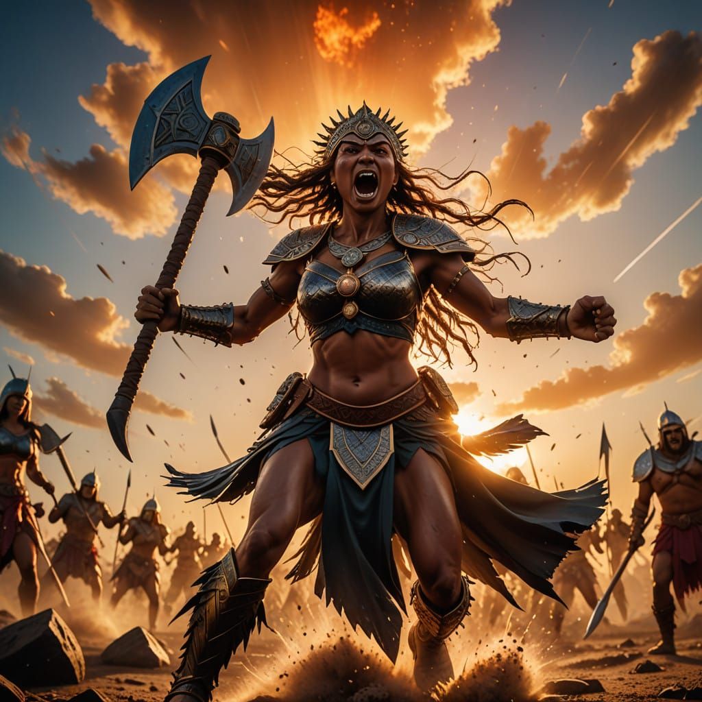 Angry Amazon Warrior Queen Charging Forward in Sunset