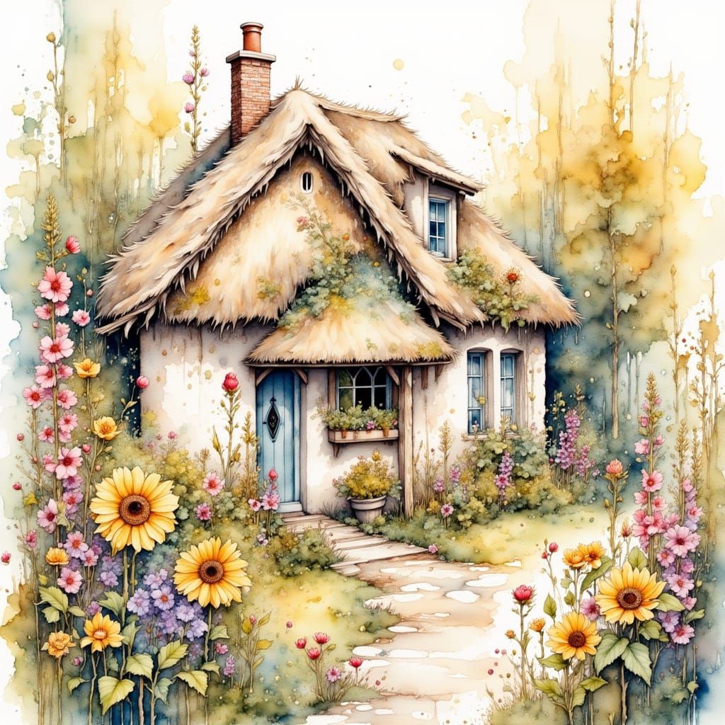 Quaint Cottage in Watercolor Style