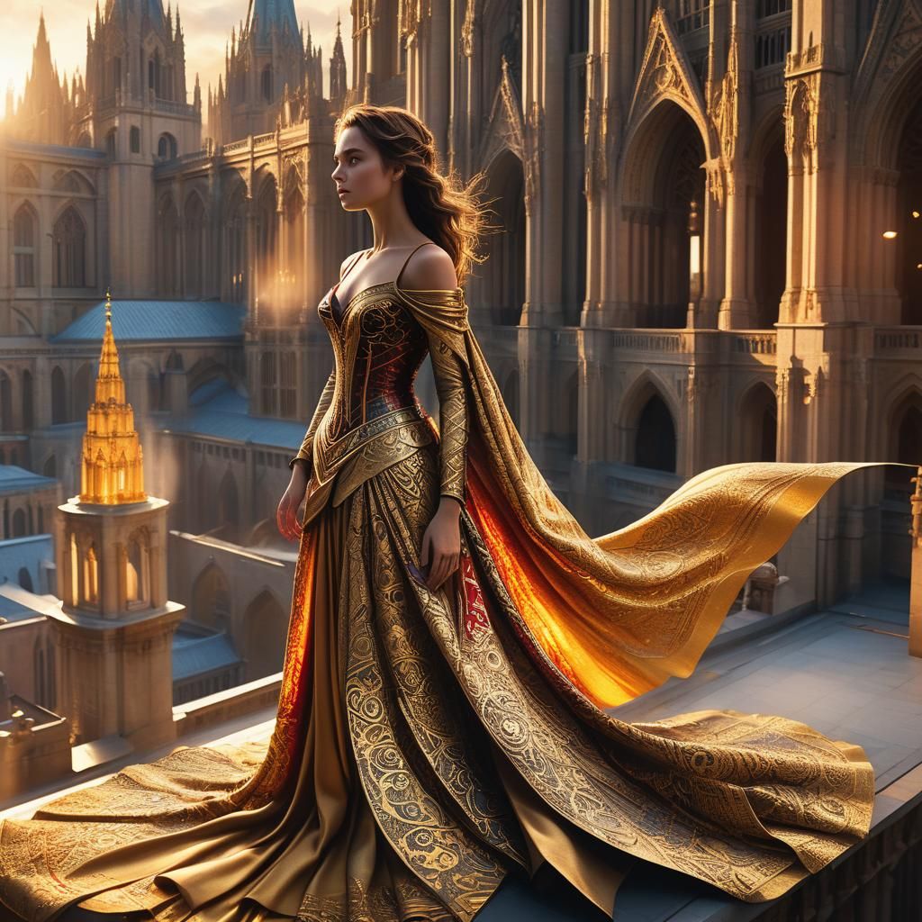 Woman in Majestic Fabric on Cathedral Rooftop