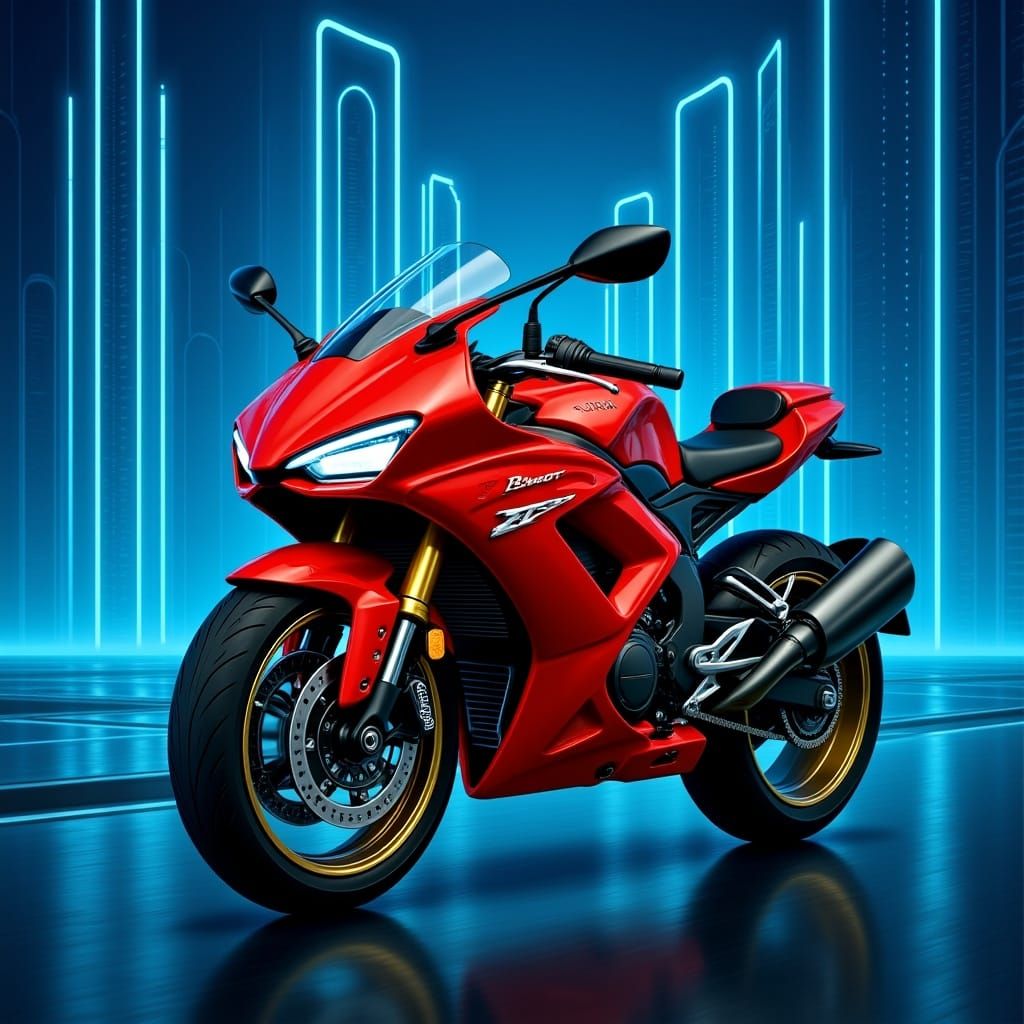 Sleek Red and Gold Futuristic Motorcycle on Holographic Stre...