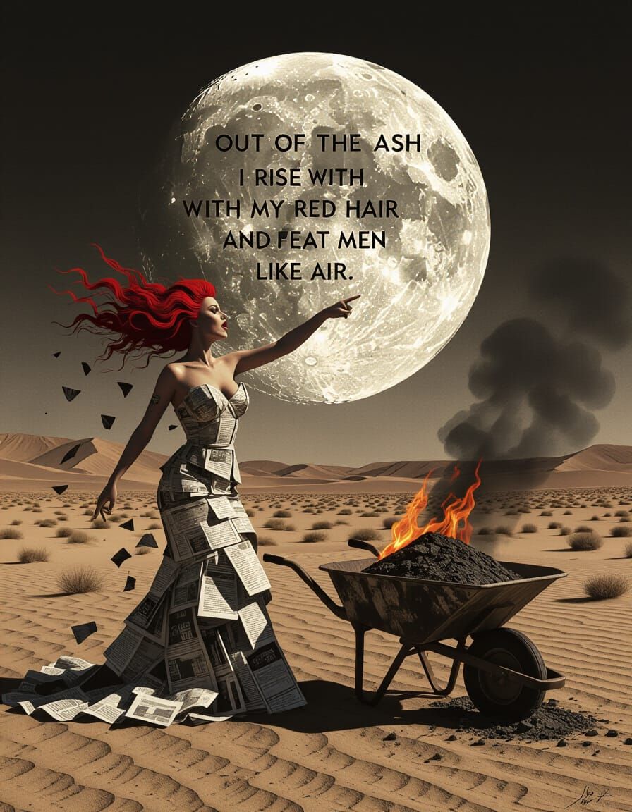 Furious Woman Rises from Ash in Desolate Moonlit Desert
