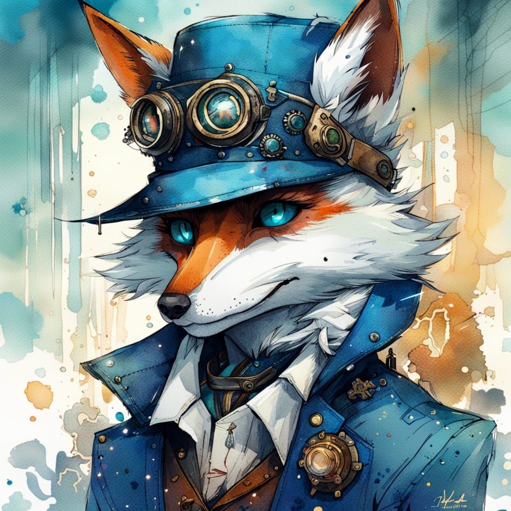 Steampunk Blue Fox Portrait in Anime Style