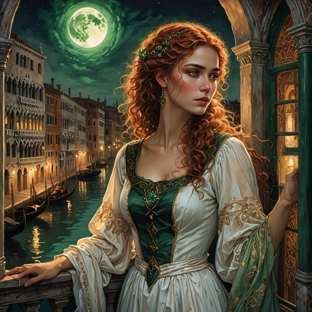 Woman Overlooking Moonlit Venice in Art Nouveau Style