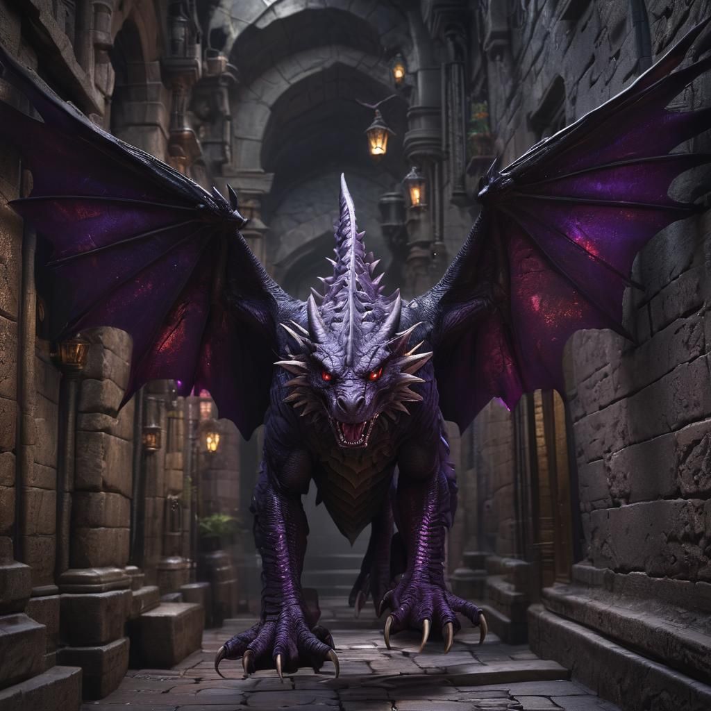 Gryffindor Dragon in Hogwarts Corridor: Dark Fantasy Art