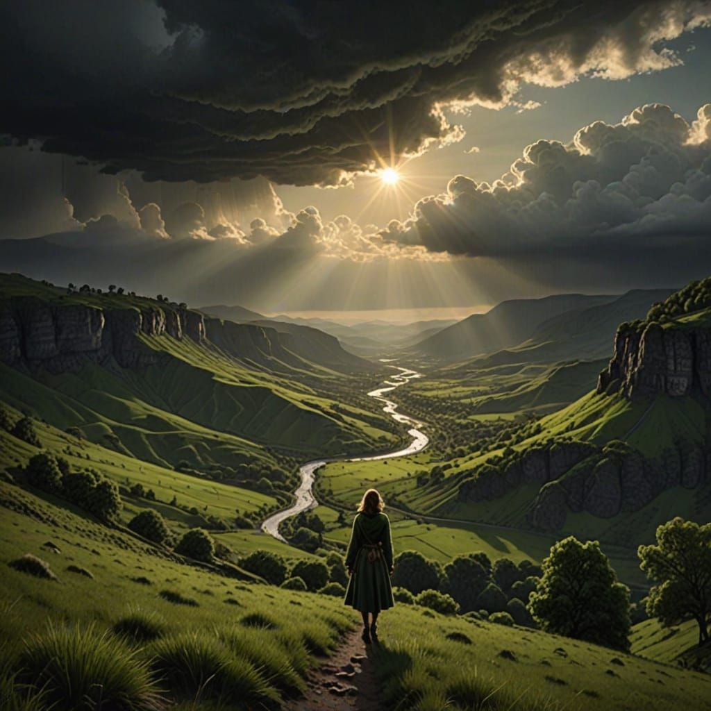Desolate Green Valley with Woman and Dark Clouds