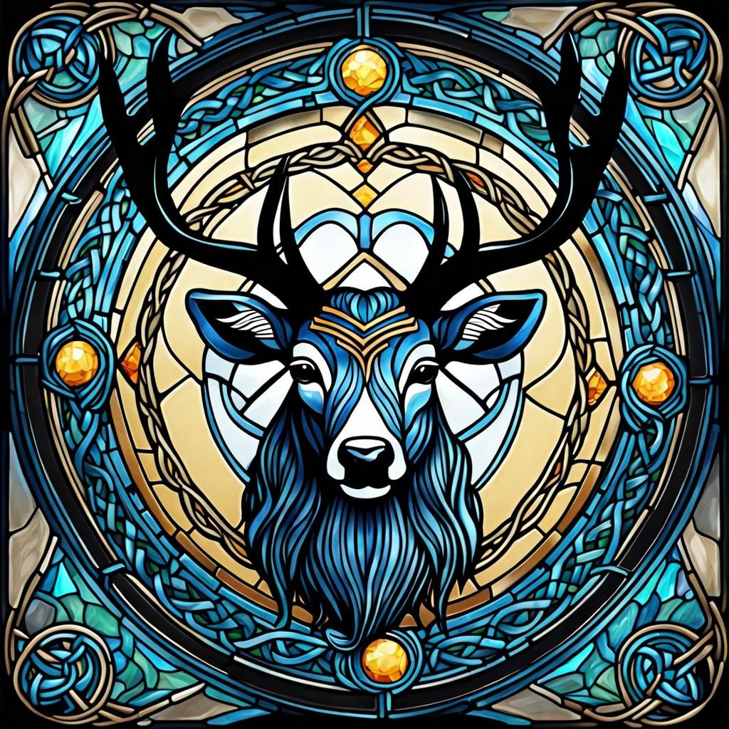 Stained Glass Stag with Celtic Knot Background