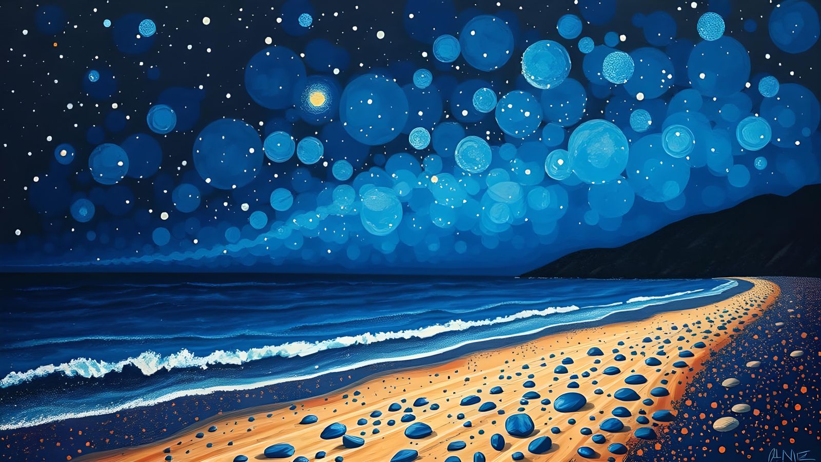 Night Beach in Pointillism Style