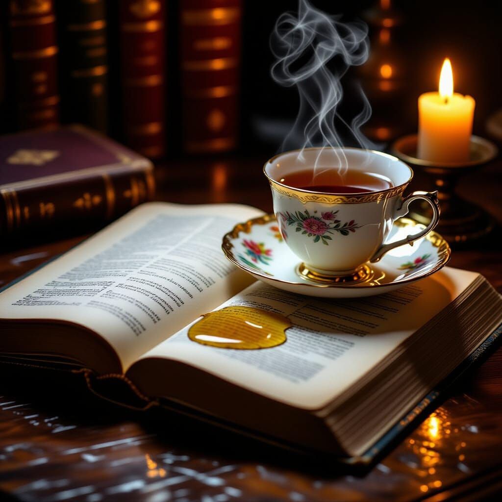 Spilled Golden Tea on Book by Candlelight