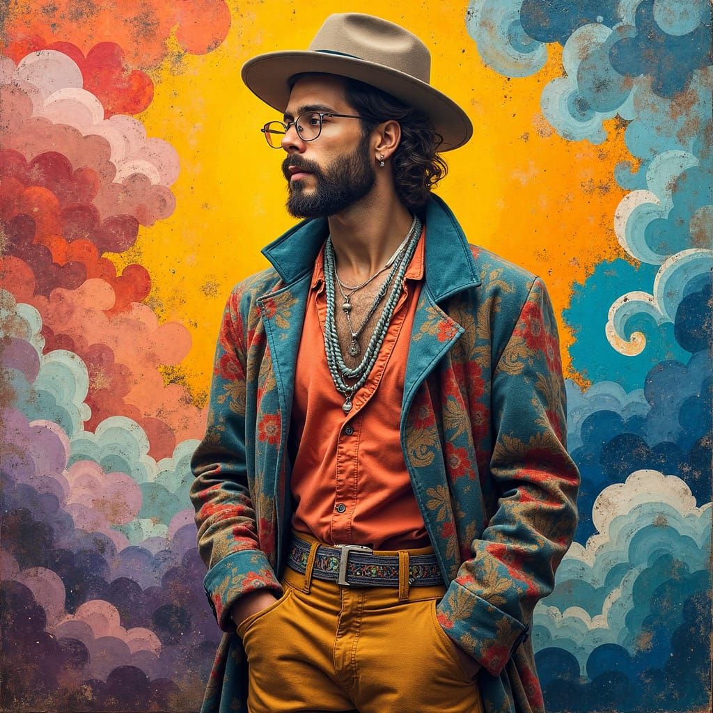 Eclectic Man in Abstract Cloudscape, Collage Aesthetic