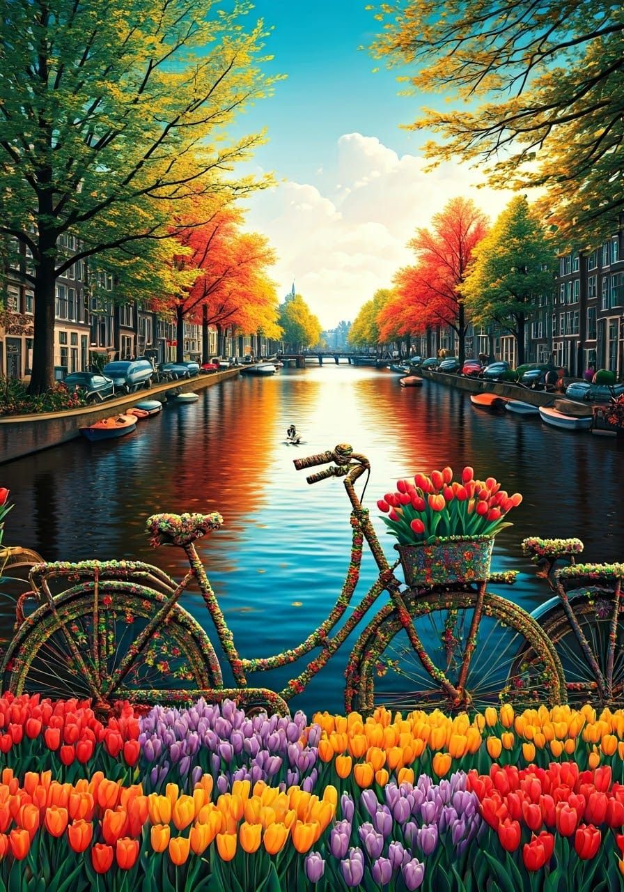 Amsterdam Landscape with Floral Bikes and Tulips