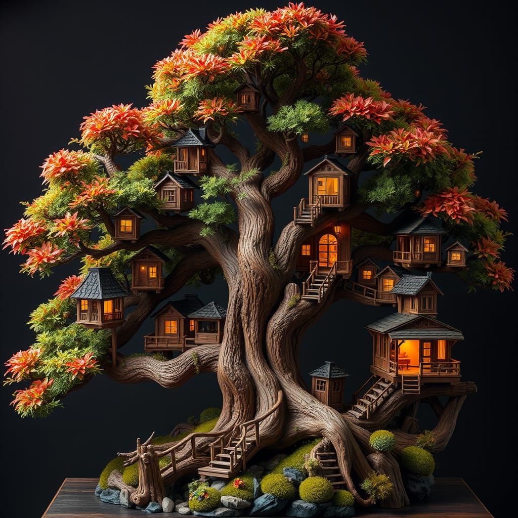 Ancient Whimsical Bonsai Tree with Twisted Branches and Mini...