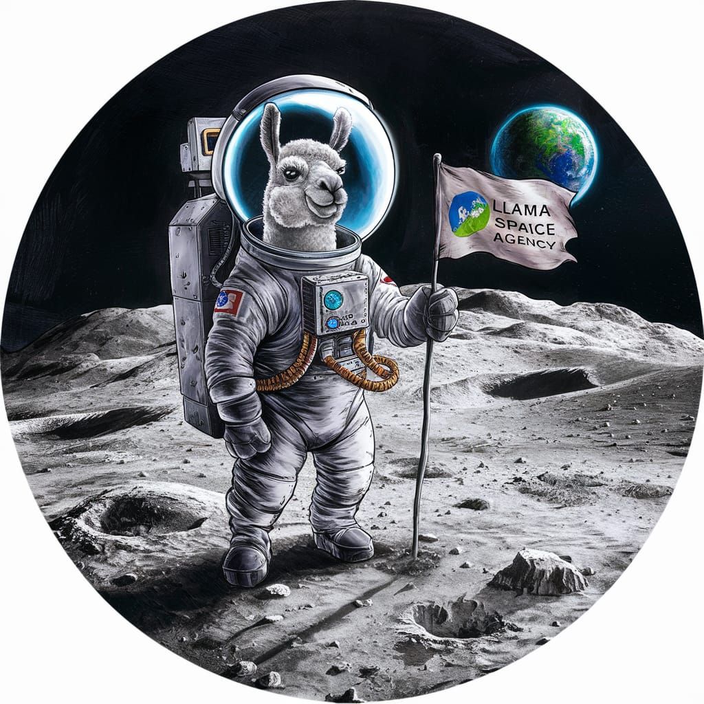 Llama Astronaut on the Moon Planting Flag