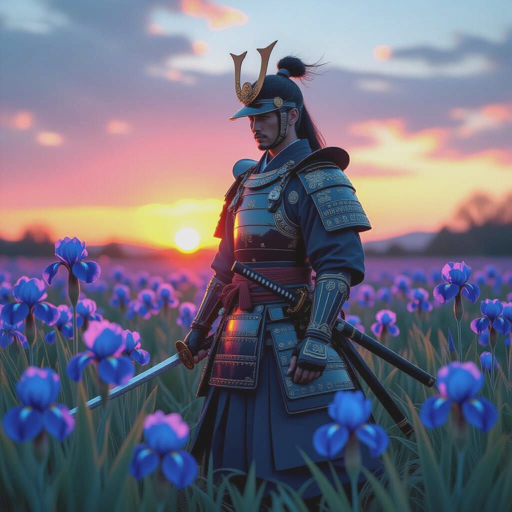 Samurai in Iris Field at Sunset: Hyperrealistic Japanese Art