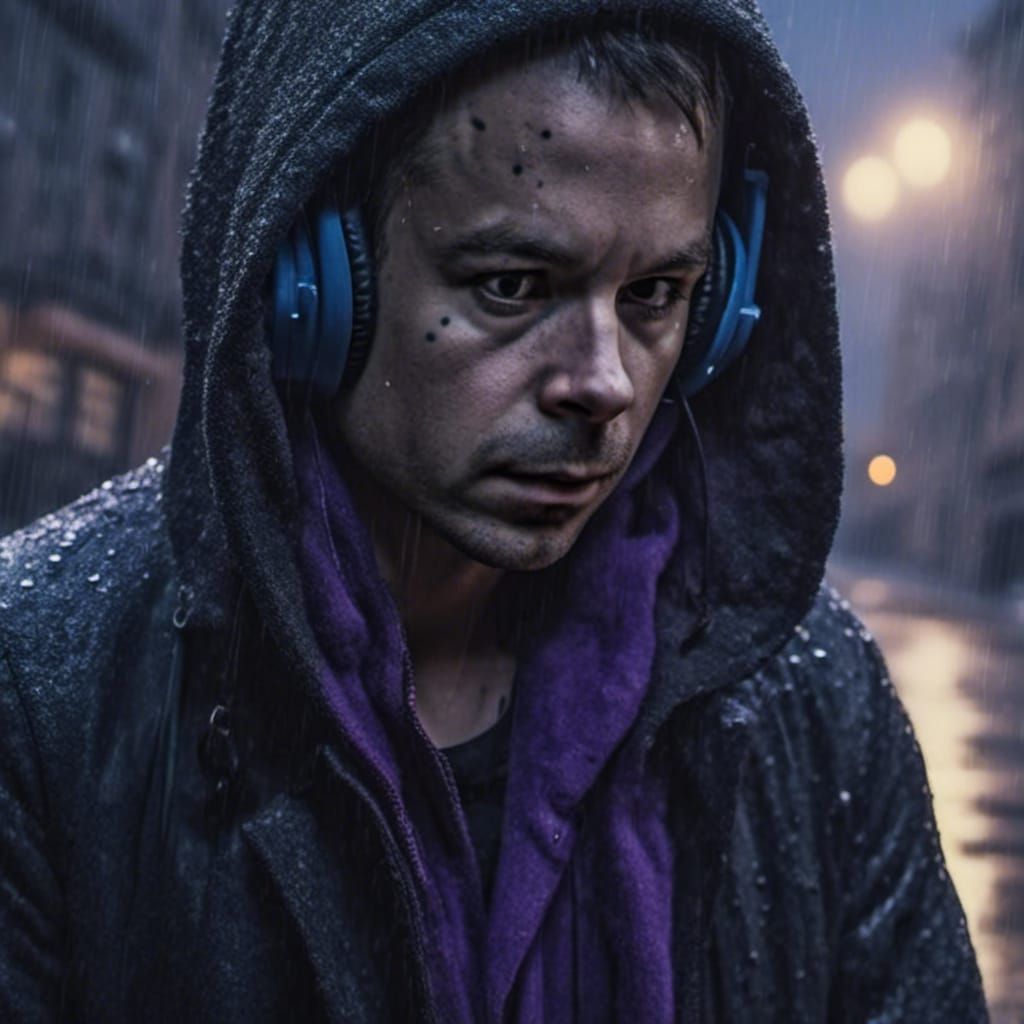 Gothic Woman Listening to Music at Night