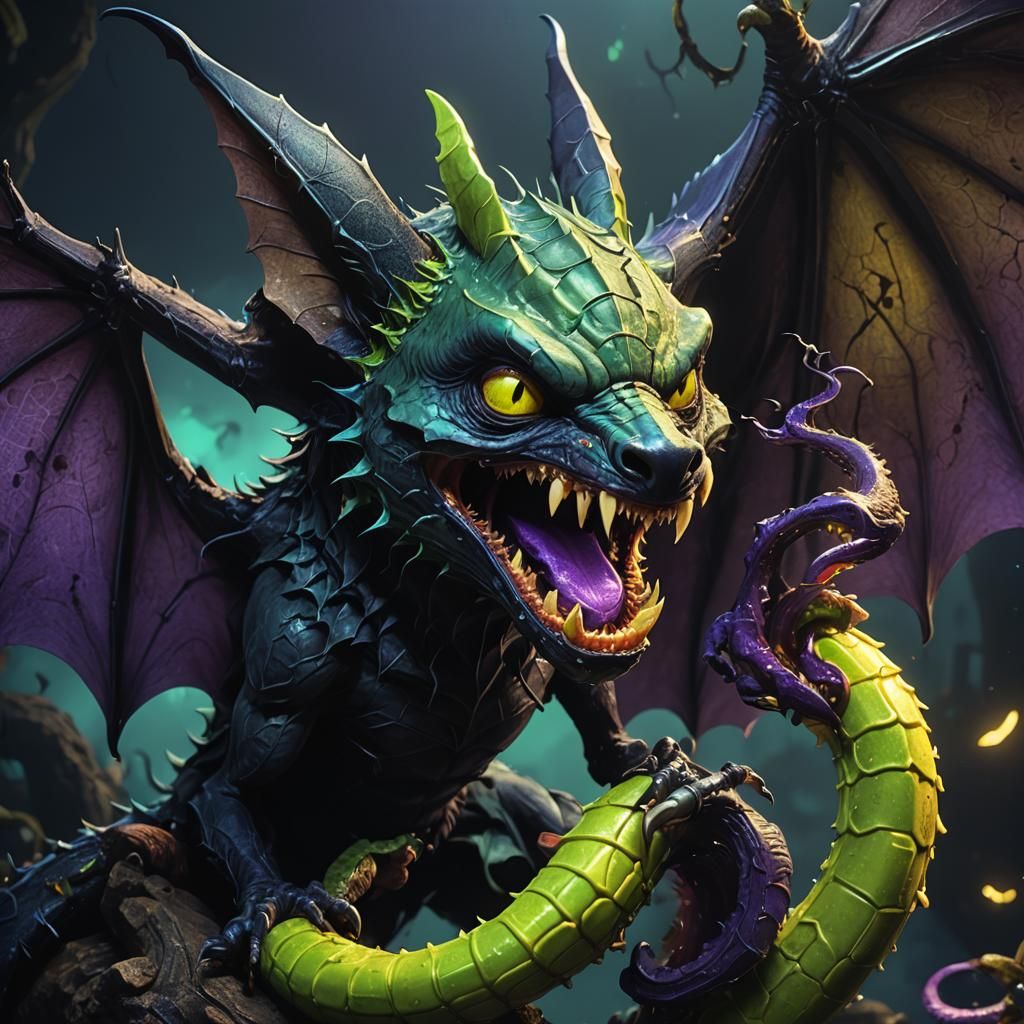 Eerie Dark Fantasy Bat Eats Pickle on Snake