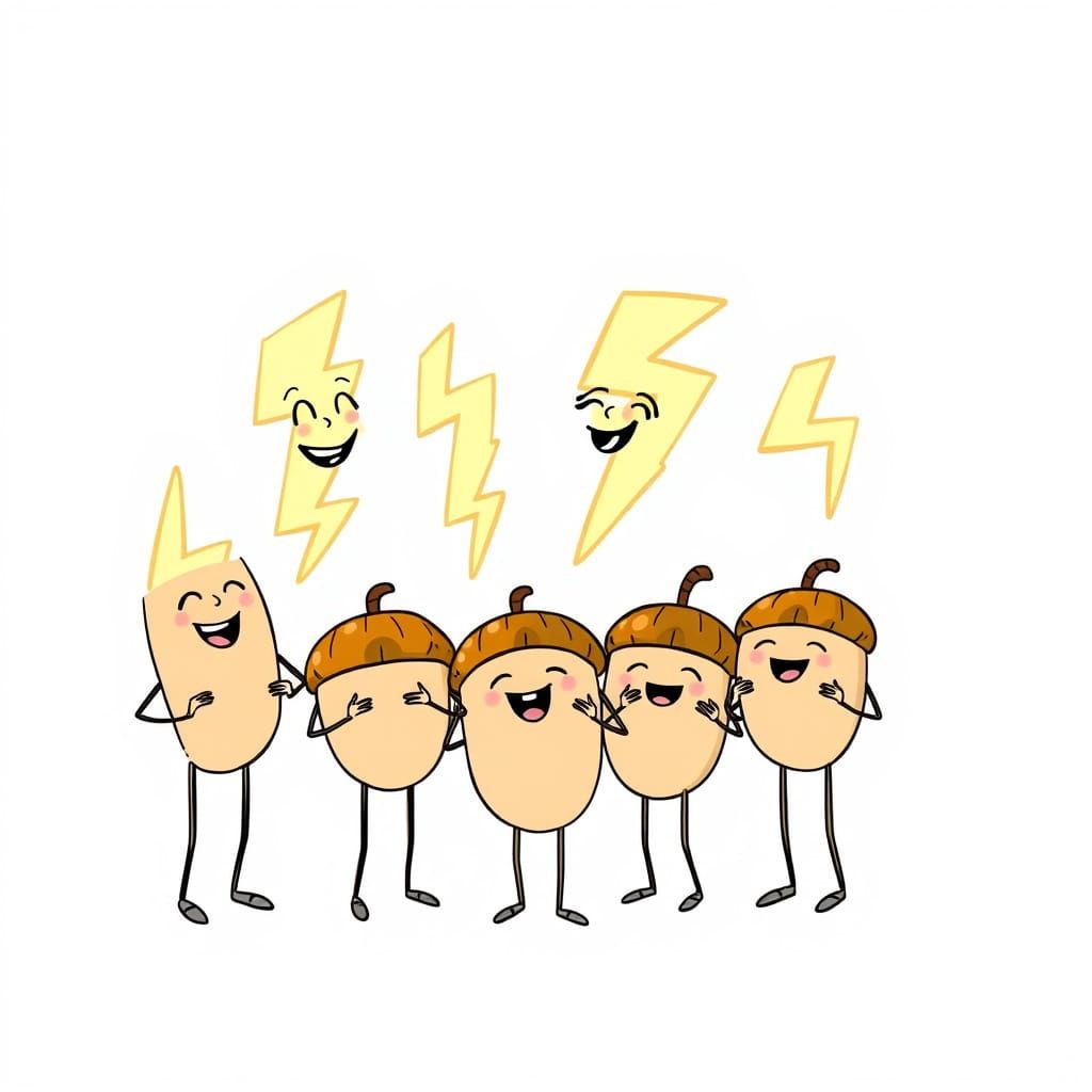 Cartoon Lightning Bolts and Acorns Laughing Together