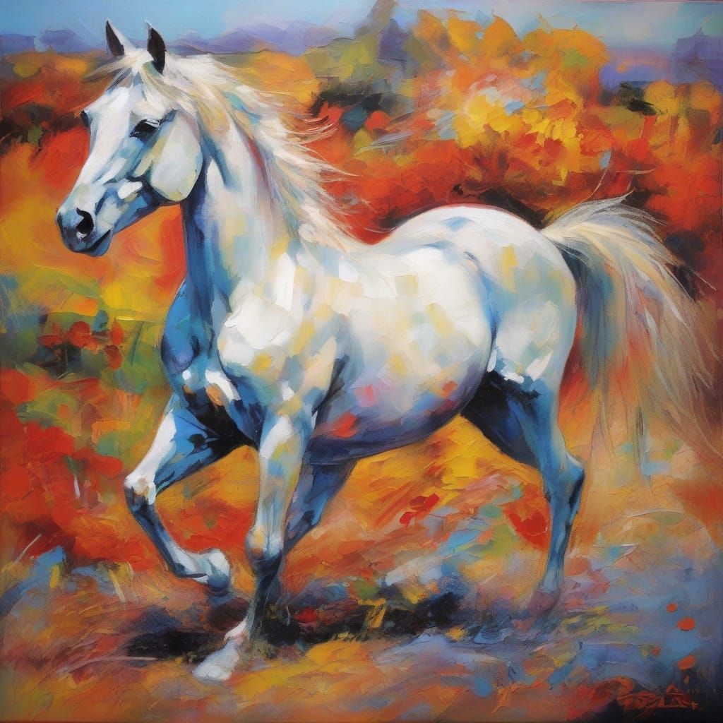 Ethereal White Stallion in Vibrant, Multicolored Background
