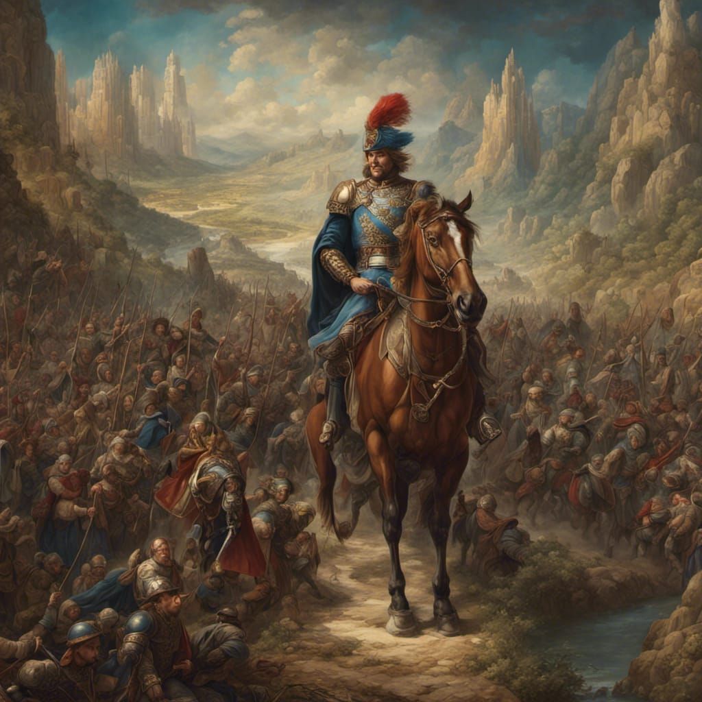 Heroic General Leads Army: Renaissance-Style Painting