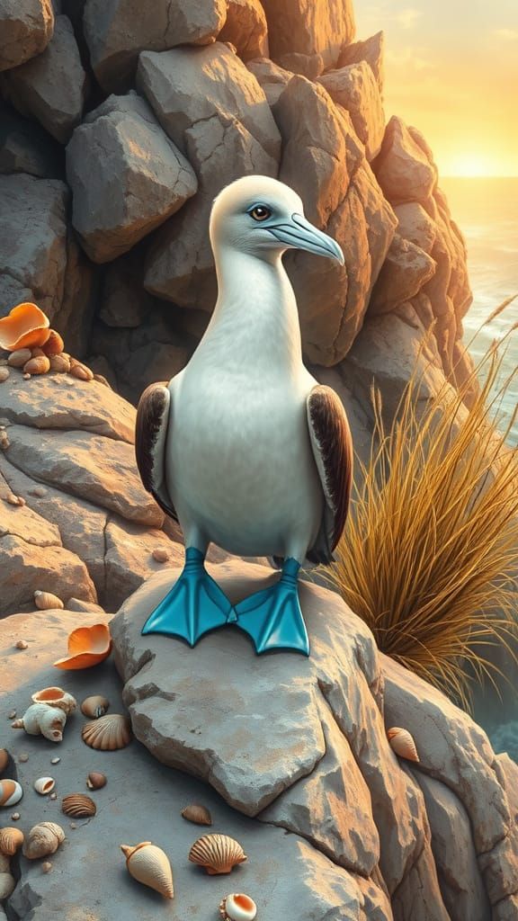 Blue Footed Boobie Perched on Rocky Cliff in Vibrant Sunset ...