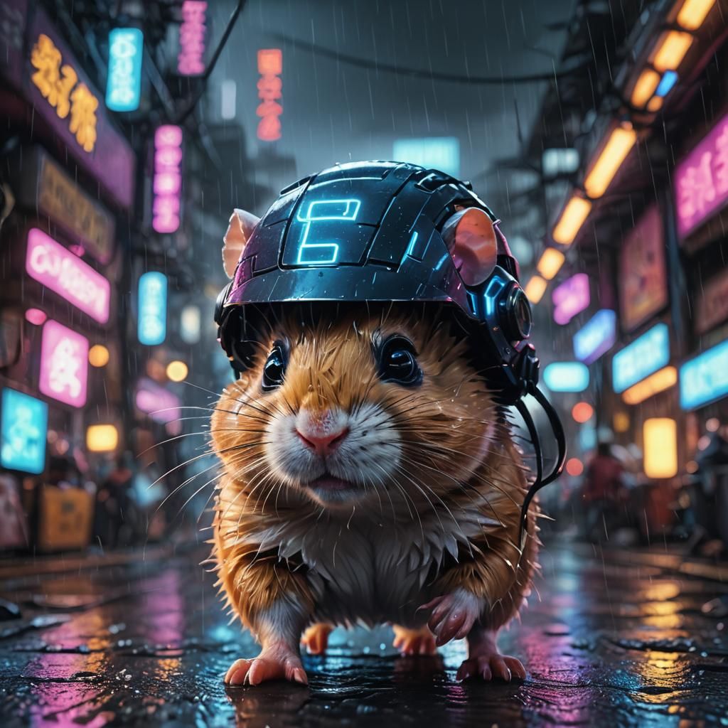 Cyberpunk Cyborg Hamster in Rainy Night Market