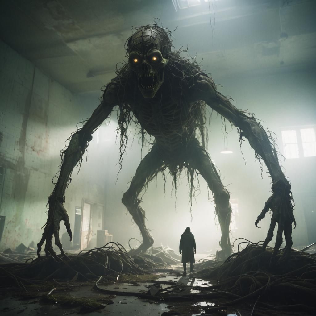 Surreal Grotesque Figure Emerges from Abandoned Asylum Shado...