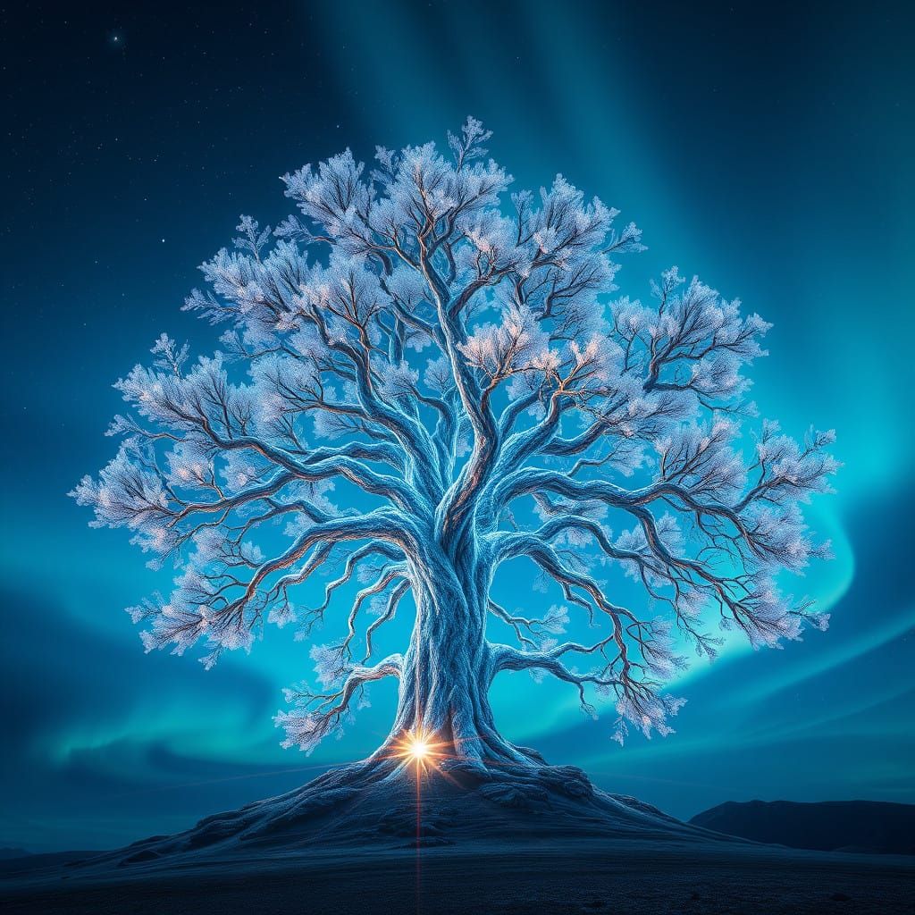 Ethereal Fractal Tree Illuminates Futuristic Night Sky