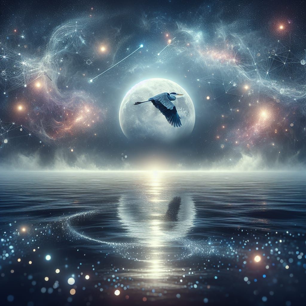 Heron Soaring Through Midnight Constellations