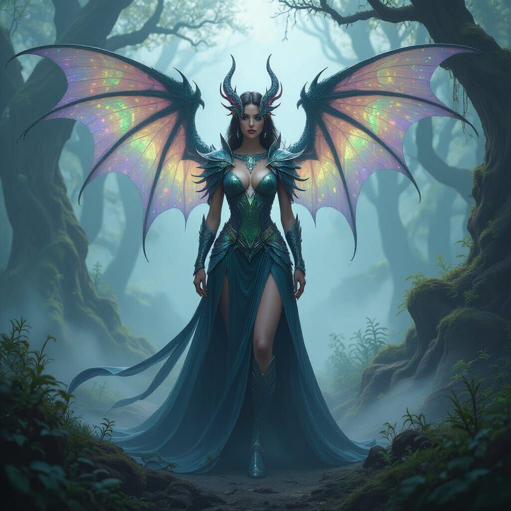 Dragon Woman in Misty Forest, Digital Art