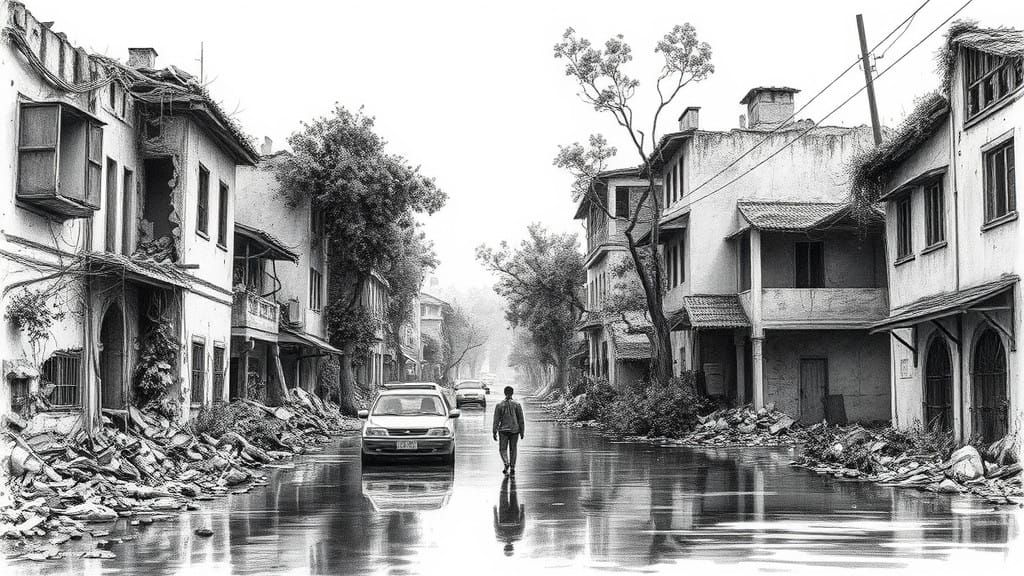 Desolate Urban Ruins in Black and White Ink Wash Style