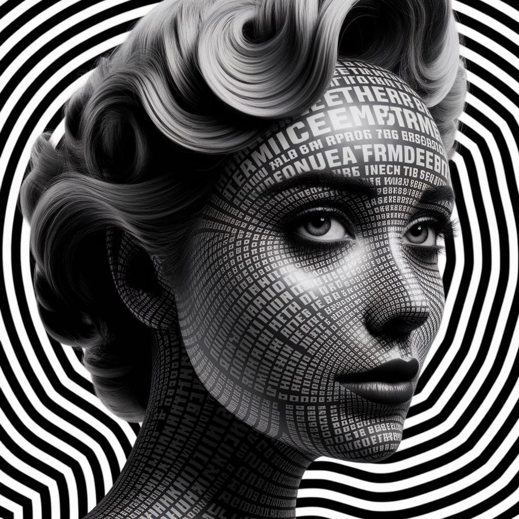 Woman's Face Formed by Words in Optical Art Style