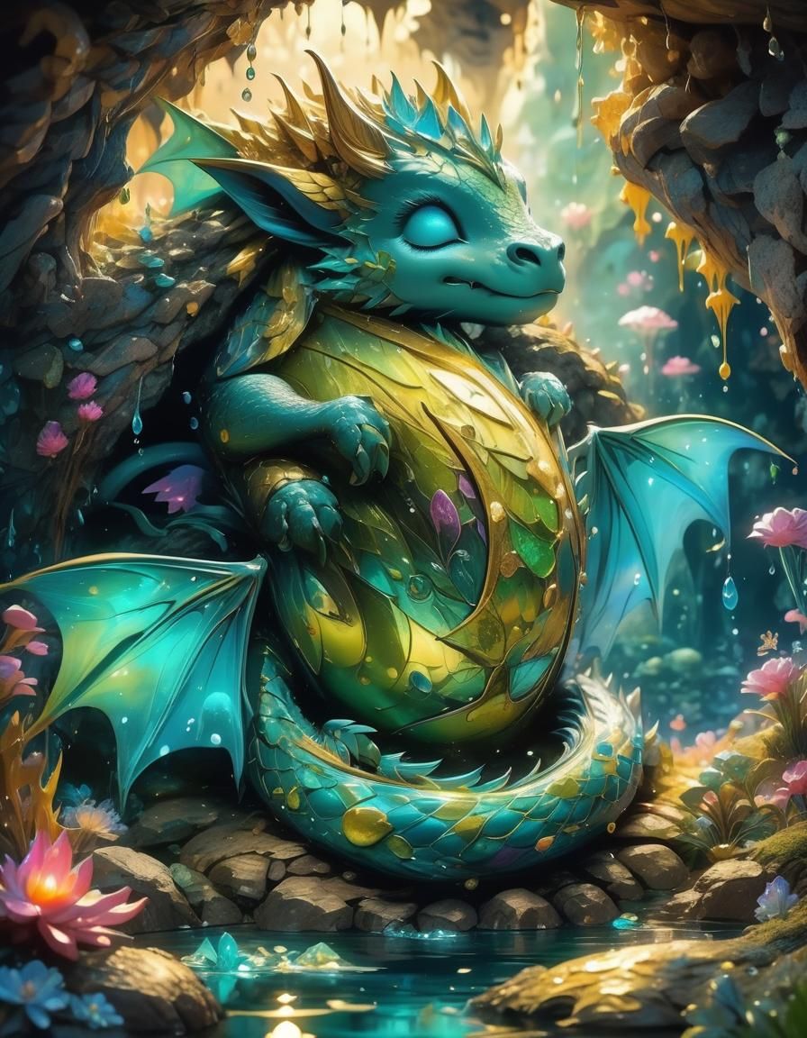 Sleeping Baby Dragon in Bioluminescent Cave