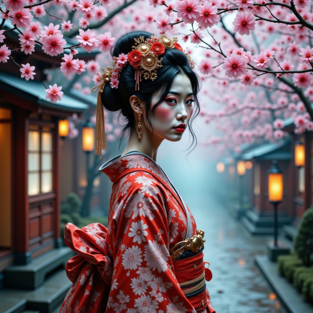 Futuristic Geisha with Holographic Cherry Blossoms
