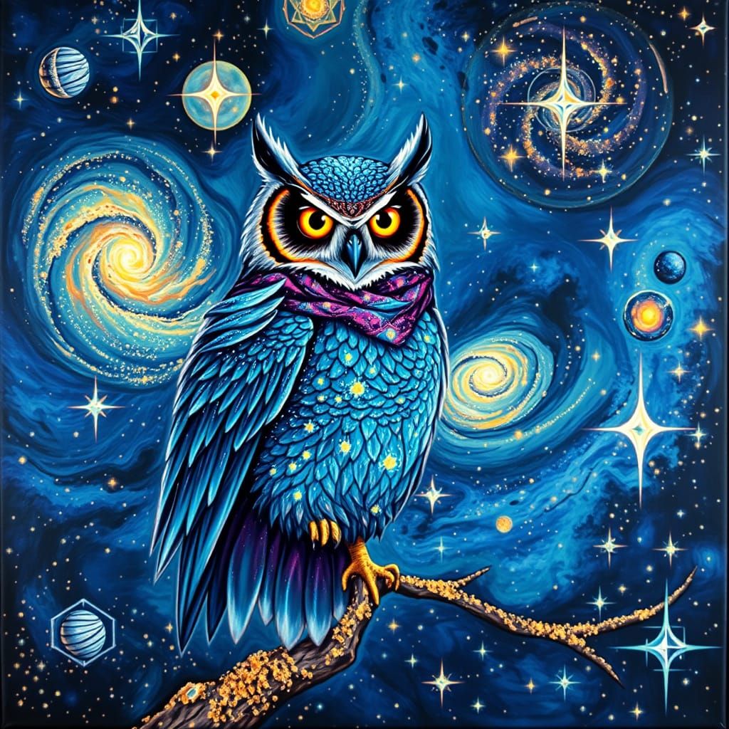 Bioluminescent Owl in Andromeda Galaxy, Van Gogh Style