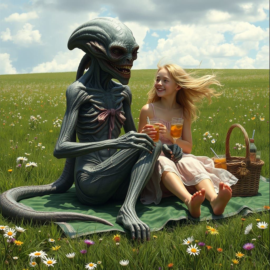Grotesque Alien Enjoying Whimsical Picnic in Vibrant Meadow