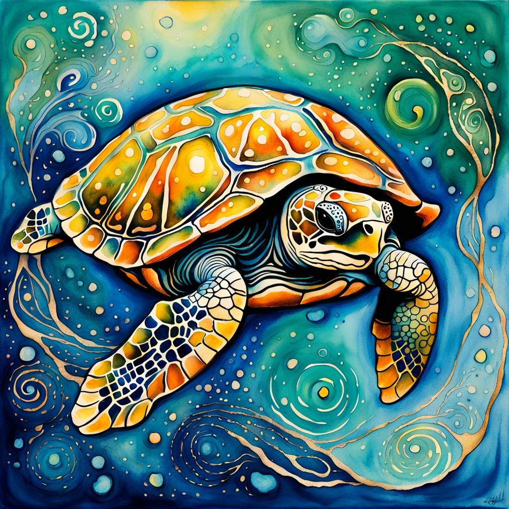 Surreal Turtle in Watercolor, Asian Style