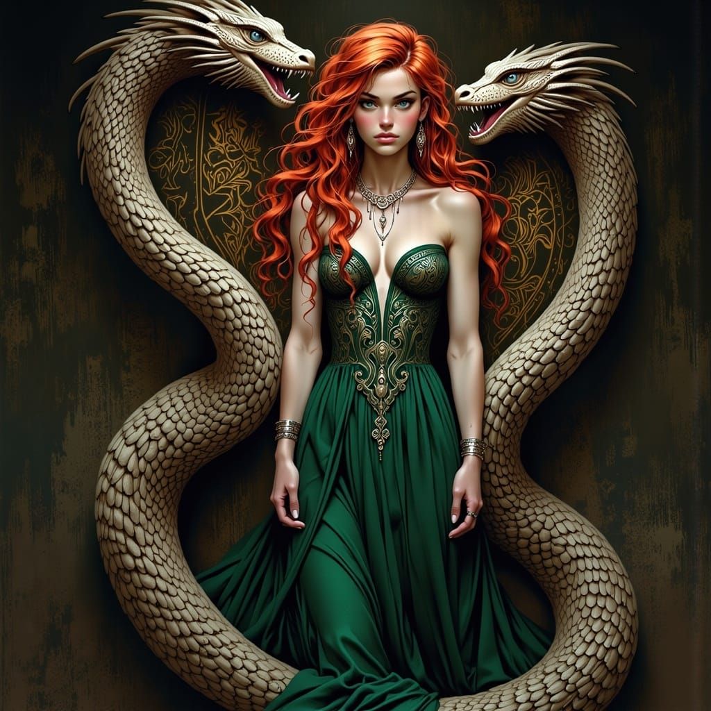 Two-Headed Serpent Coils Around Emerald Gown Woman
