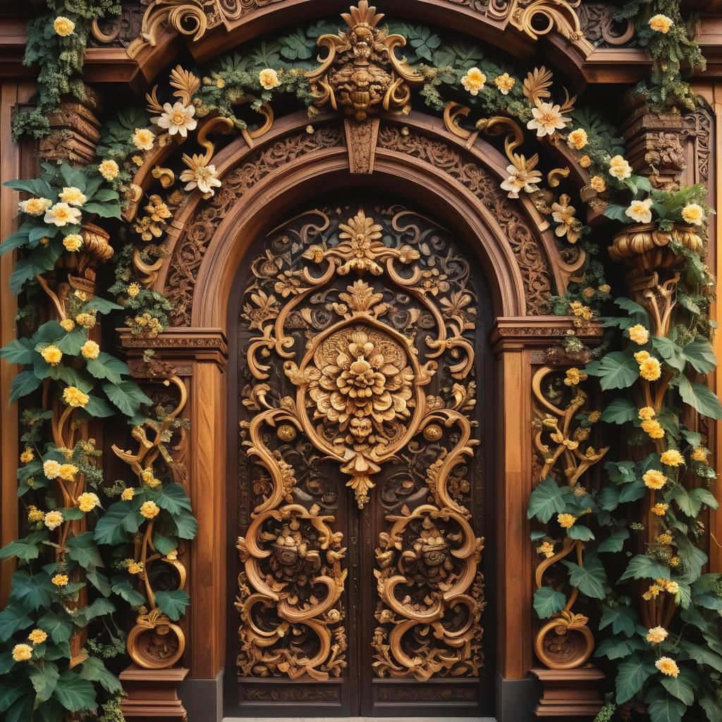 Ornate Wood Carving of an Ancient Palace Entrance