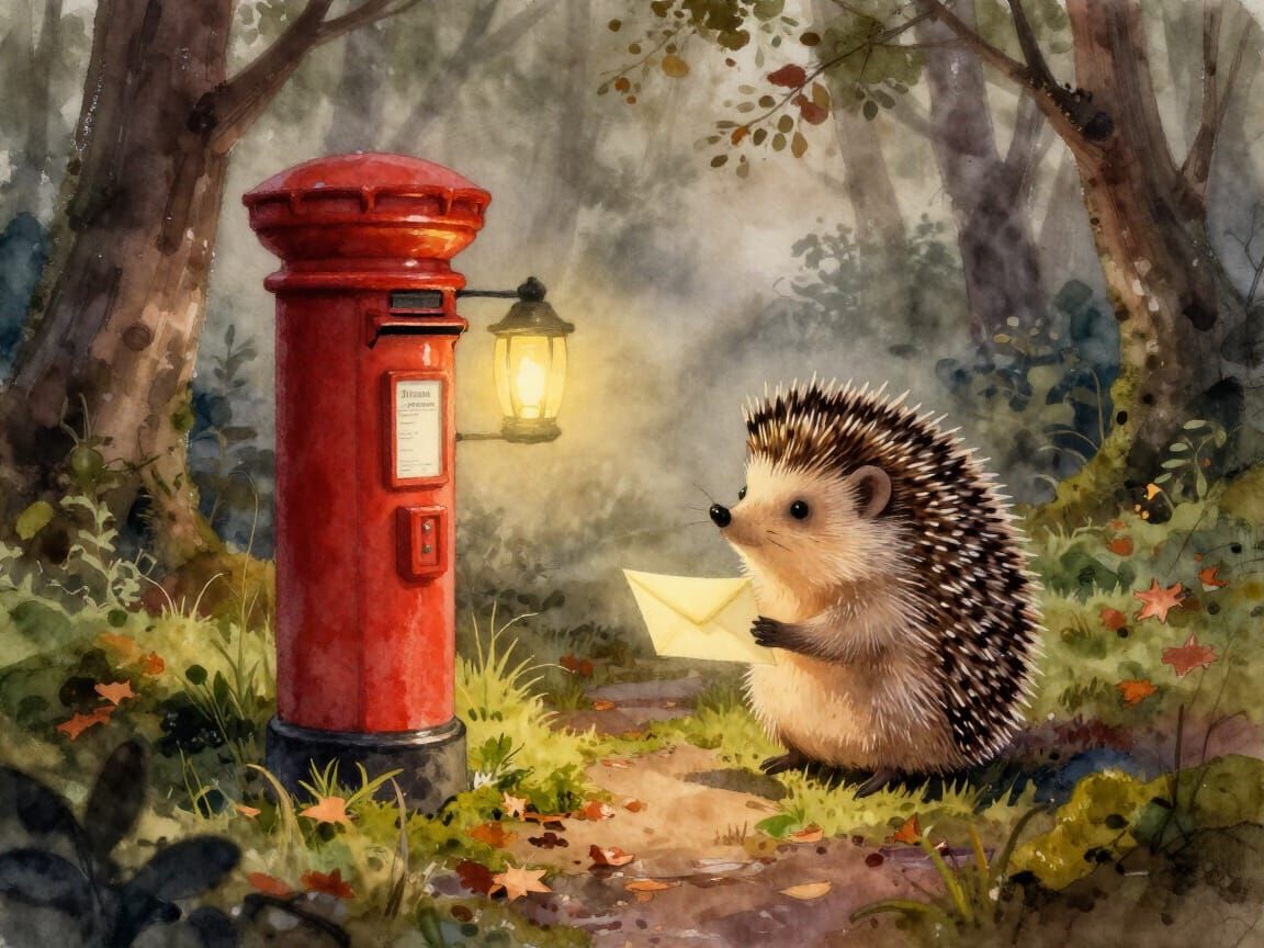 Hedgehog Postman Delivering Glowing Letters in Forest