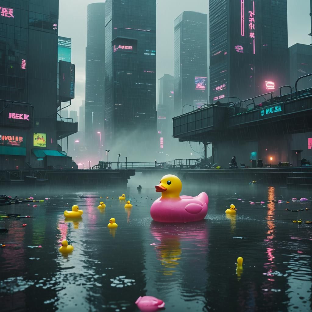 Cyberpunk Rubber Duck Family in Misty Lake