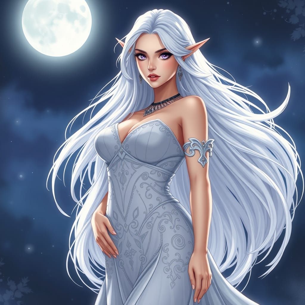 Ethereal Elf Woman in Anime Style White Gown