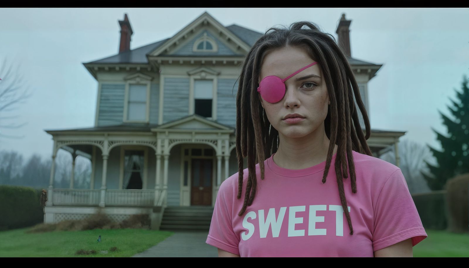 Teen Girl with Pink Eyepatch Before Victorian Villa