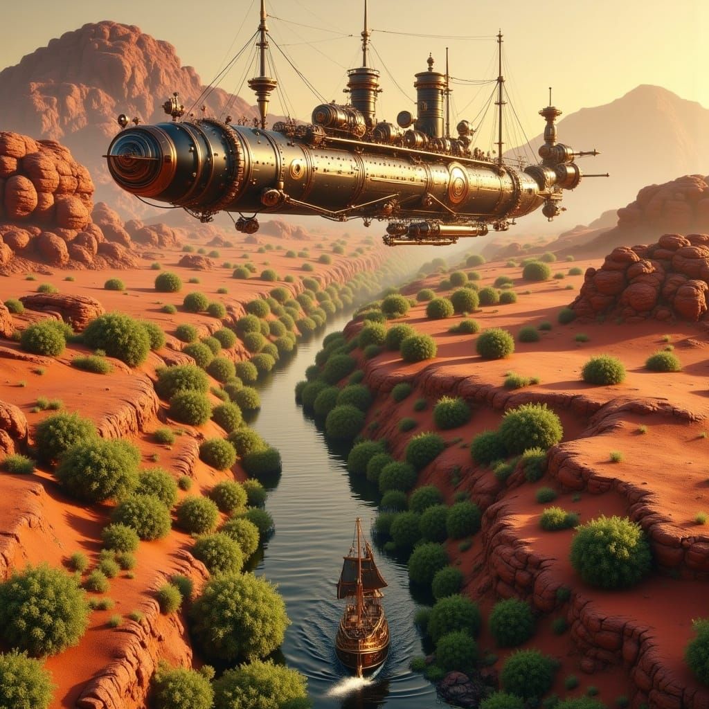Victorian Steampunk Warship Soars Over Red Martian Landscape