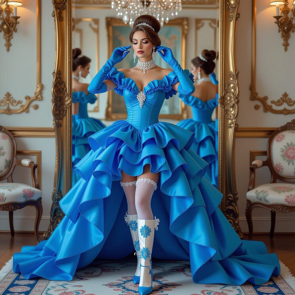 Woman in Blue Gown Fixing Hair, Art Nouveau Style