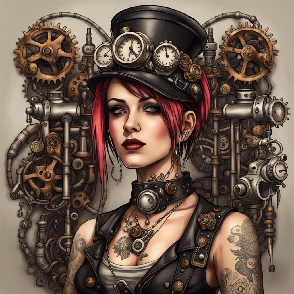 Punk Girl with Piercings and Steampunk Engine