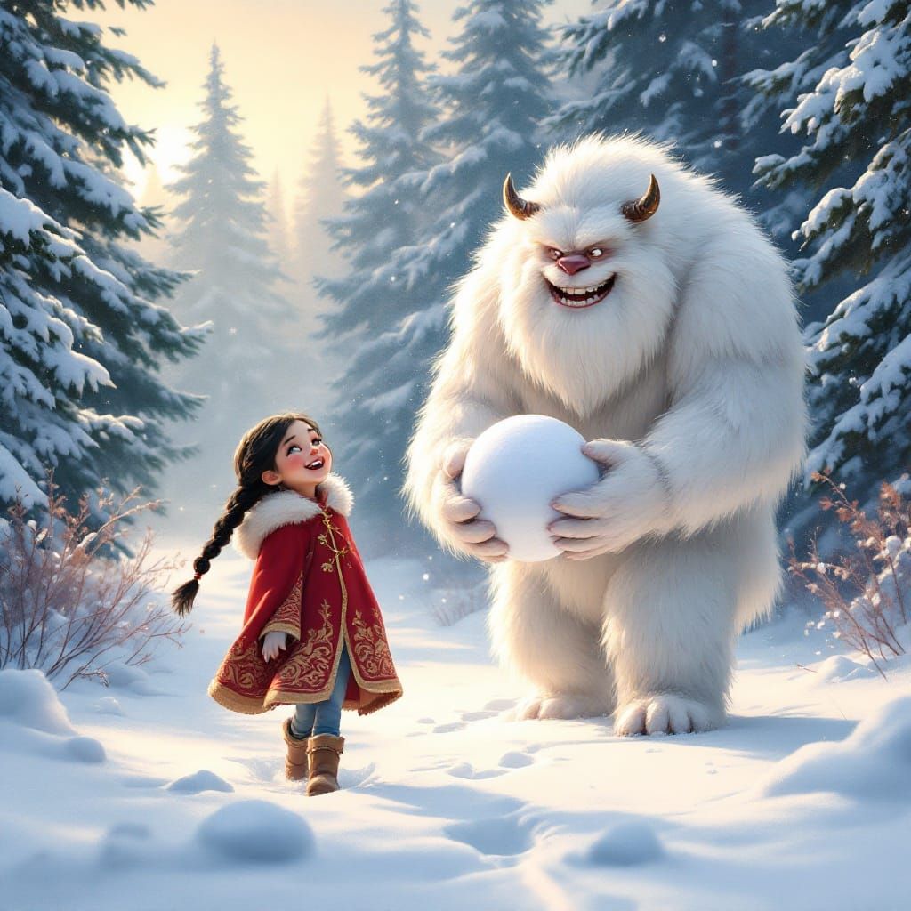 Winter Wonderland with Joyful Girl and Majestic Snowy Beast