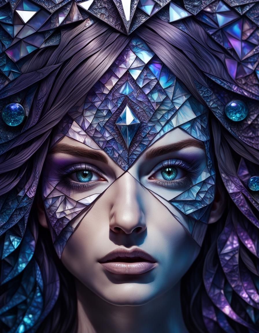 Prismatic Zentangle Mirror Reflecting a Girl, Hyperrealistic